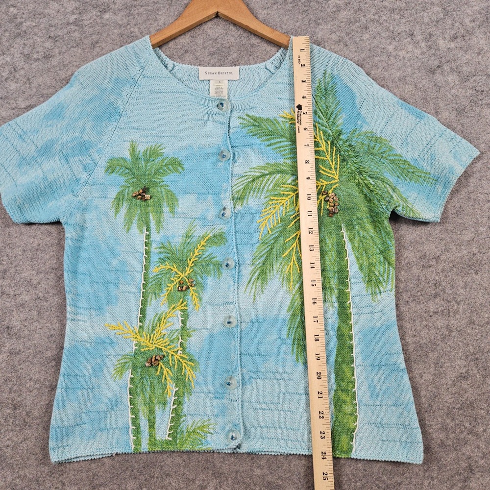 Susan Bristol Women's Blue Cardigan Size L Cotton Blend Palm Trees Rock Coconuts - Picture 9 of 11